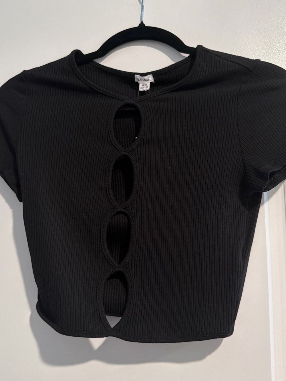 Garage Black Ribbed Short-Sleeve Cutout Crop Top